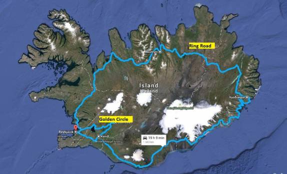 AS duas principais rotas turísticas da Islândia: O 'Golden Circle' (circuito menor) e a 'Ring Road, que dá a volta completa no país, margeando seu principal campo de gelo, no sul da ilha